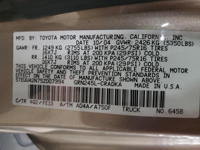 5TEUU42N75Z007394 - 2005 TOYOTA TACOMA ACCESS CAB ოქროსფერი ფოტო 12