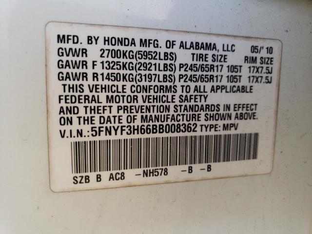 5FNYF3H66BB008362 - 2011 HONDA PILOT EXL WHITE photo 13