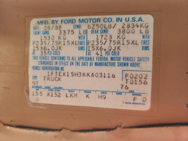 1FTEX15H3KKA03116 - 1989 FORD F150 BEIGE photo 12