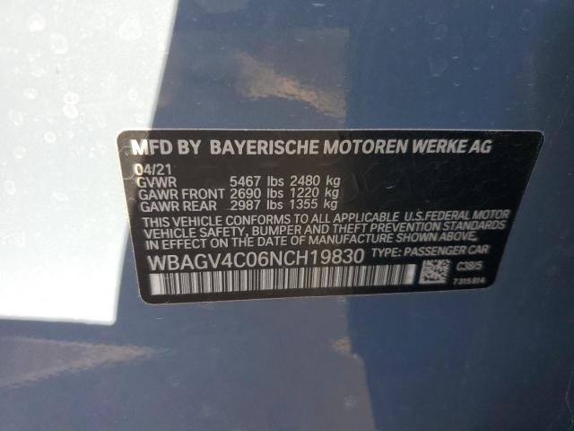 WBAGV4C06NCH19830 - 2022 BMW 840XI BLUE photo 12