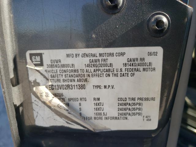 1GNEC13V02R311380 - 2002 CHEVROLET TAHOE C1500 GRAY photo 10