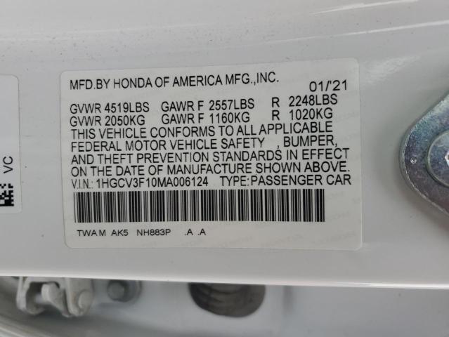 1HGCV3F10MA006124 - 2021 HONDA ACCORD HYBRID WHITE photo 12