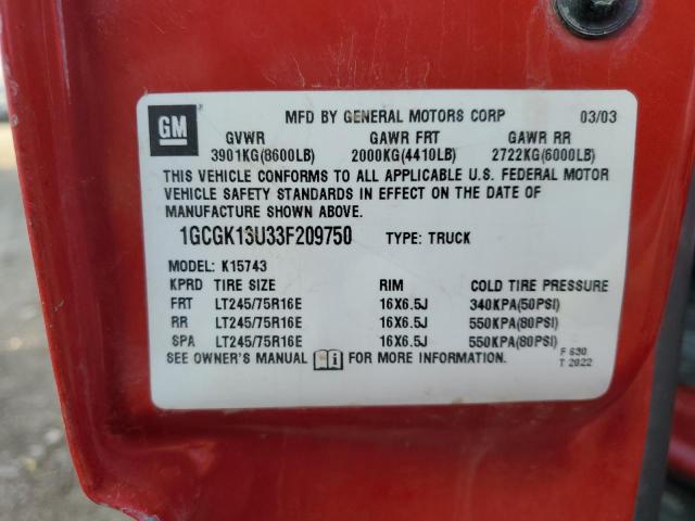 1GCGK13U33F209750 - 2003 CHEVROLET SILVERADO K1500 HEAVY DUTY RED photo 12