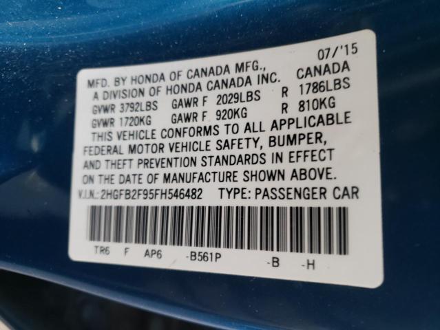 2HGFB2F95FH546482 - 2015 HONDA CIVIC EXL BLUE photo 13