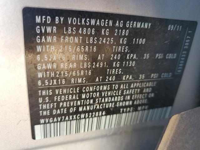 WVGAV7AXXCW522884 - 2012 VOLKSWAGEN TIGUAN S SILVER photo 12