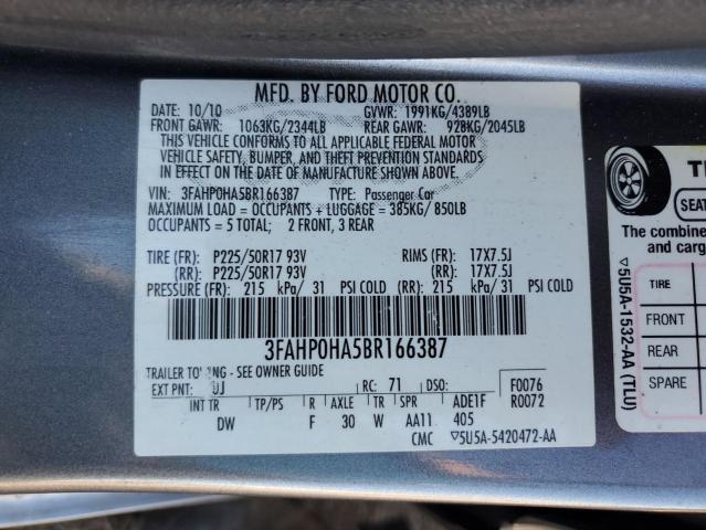 3FAHP0HA5BR166387 - 2011 FORD FUSION SE GRAY photo 12