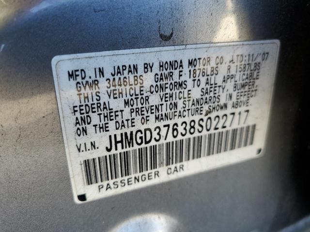 JHMGD37638S022717 - 2008 HONDA FIT SPORT SILVER photo 12