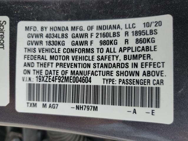 19XZE4F92ME004604 - 2021 HONDA INSIGHT TOURING CHARCOAL photo 13