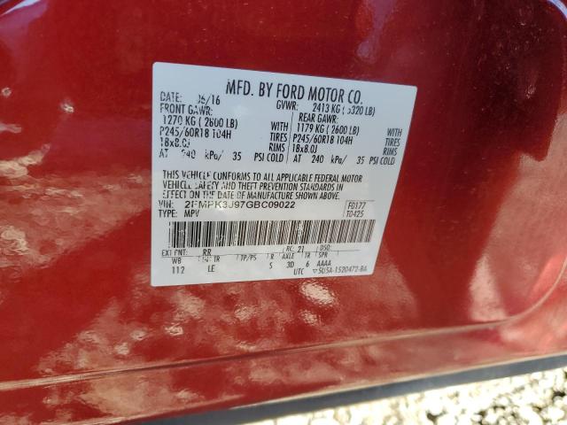 2FMPK3J97GBC09022 - 2016 FORD EDGE SEL BURGUNDY photo 12