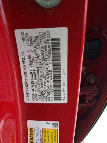 1HGCV1F31LA087025 - 2020 HONDA ACCORD SPORT RED photo 12