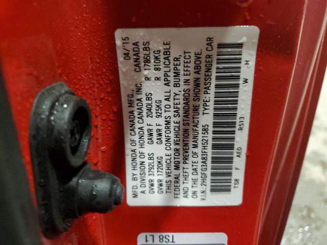 2HGFG3A83FH521585 - 2015 HONDA CIVIC EX RED photo 12