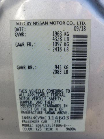 1N4BL4CV9KC114603 - 2019 NISSAN ALTIMA SR SILVER photo 12