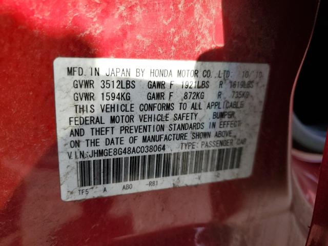 JHMGE8G48AC038064 - 2010 HONDA FIT SPORT RED photo 12