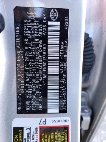 4T1BF1FK8DU256760 - 2013 TOYOTA CAMRY L SILVER photo 12