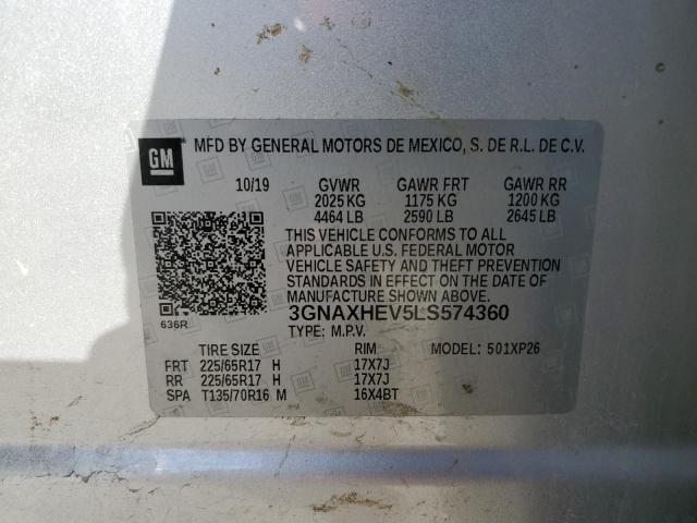 3GNAXHEV5LS574360 - 2020 CHEVROLET EQUINOX LS SILVER photo 12