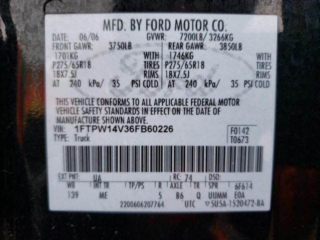 1FTPW14V36FB60226 - 2006 FORD F-150 SUPERCREW BLACK photo 12