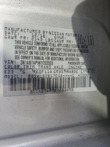 3N1AB7AP9KY283593 - 2019 NISSAN SENTRA S SILVER photo 12