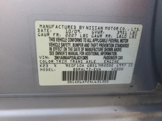 3N1AB6AP2AL631305 - 2010 NISSAN SENTRA 2.0 SILVER photo 13