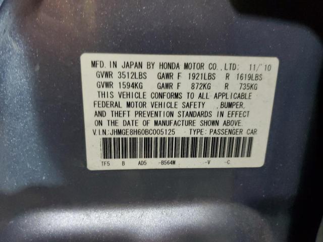 JHMGE8H60BC005125 - 2011 HONDA FIT SPORT SILVER photo 12