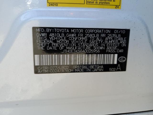 JTHCE1KS6A0025956 - 2010 LEXUS GS 350 WHITE photo 12