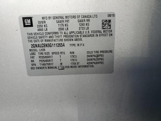 2GNALCEK6G1112654 - 2016 CHEVROLET EQUINOX LT SILVER photo 13