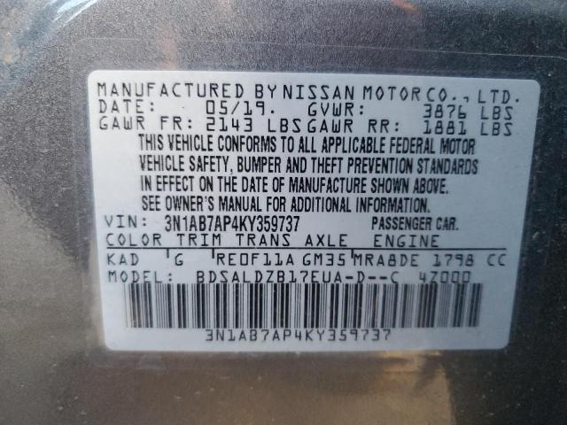 3N1AB7AP4KY359737 - 2019 NISSAN SENTRA S GRAY photo 12