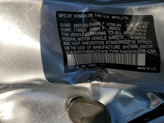 SHHFK7H66MU231416 - 2021 HONDA CIVIC EX SILVER photo 13