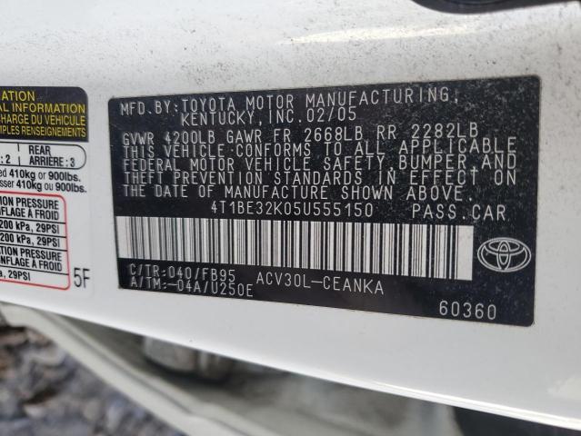 4T1BE32K05U555150 - 2005 TOYOTA CAMRY LE WHITE photo 13