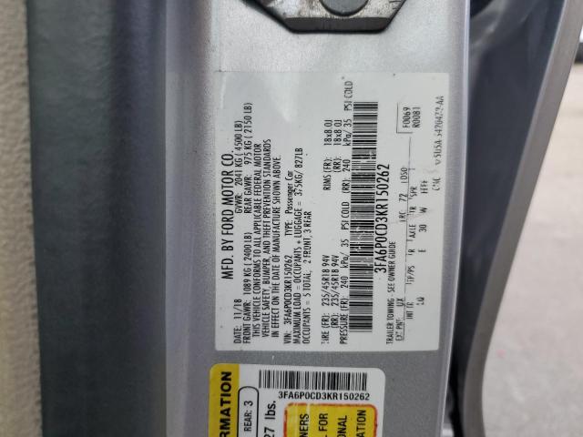 3FA6P0CD3KR150262 - 2019 FORD FUSION SEL SILVER photo 12