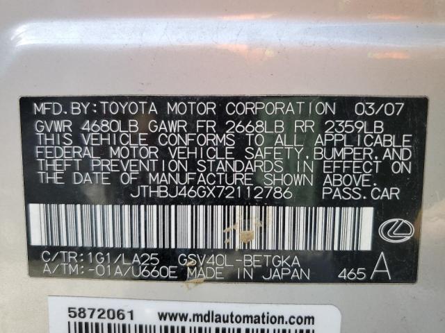 JTHBJ46GX72112786 - 2007 LEXUS ES 350 SILVER photo 12