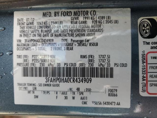 3FAHP0HA0CR434909 - 2012 FORD FUSION SE GRAY photo 12