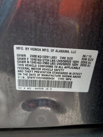 5FNYF7H57KB008434 - 2019 HONDA PASSPORT EXL رمادي صورة 13