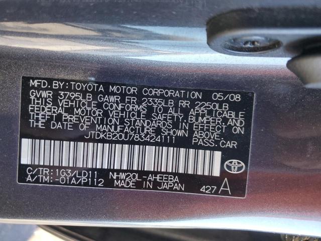 JTDKB20U783424111 - 2008 TOYOTA PRIUS GRAY photo 12