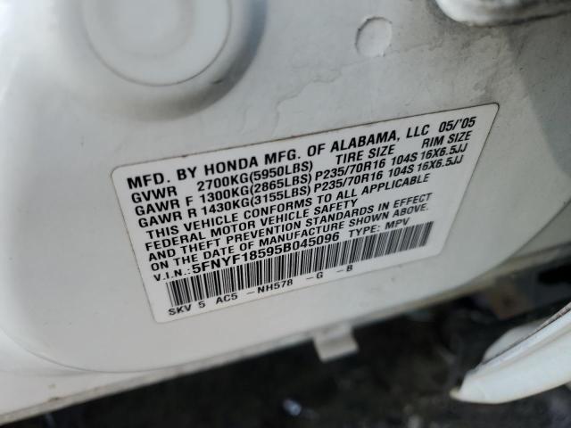 5FNYF18595B045096 - 2005 HONDA PILOT EXL WHITE photo 13