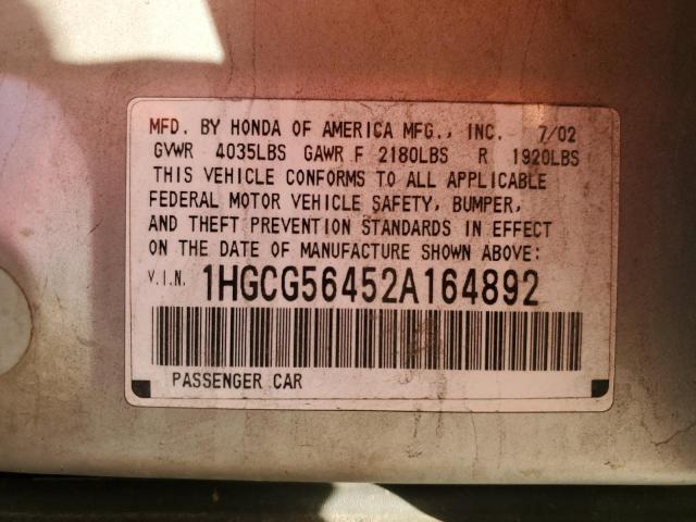 1HGCG56452A164892 - 2002 HONDA ACCORD LX SILVER photo 12