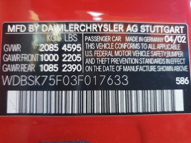 WDBSK75F03F017633 - 2003 MERCEDES-BENZ SL 500R RED photo 12