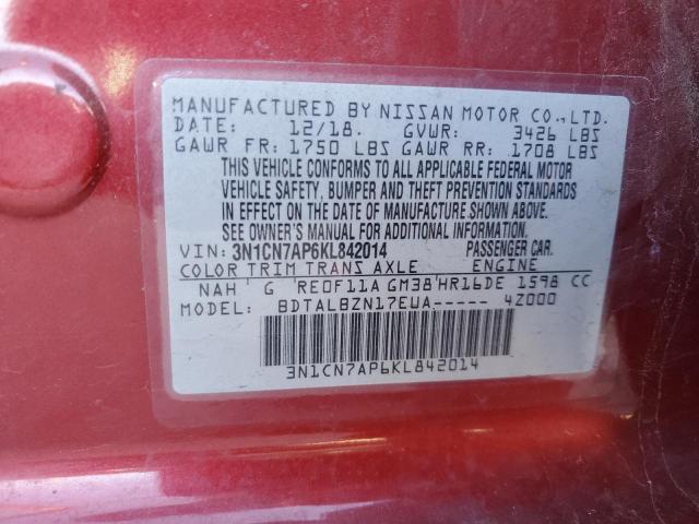 3N1CN7AP6KL842014 - 2019 NISSAN VERSA S RED photo 12