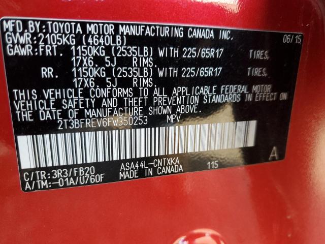 2T3BFREV6FW350253 - 2015 TOYOTA RAV4 LE RED photo 12