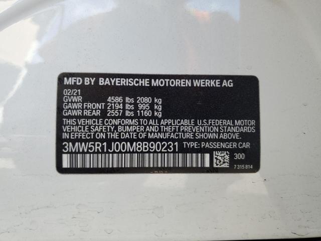 3MW5R1J00M8B90231 - 2021 BMW 330I WHITE photo 12