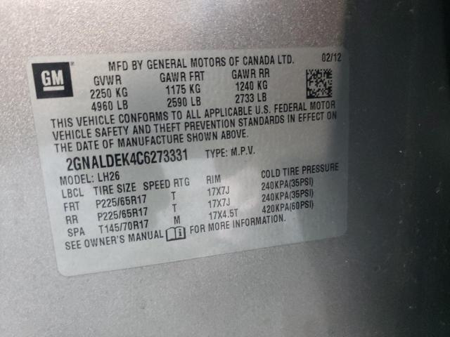 2GNALDEK4C6273331 - 2012 CHEVROLET EQUINOX LT GRAY photo 12