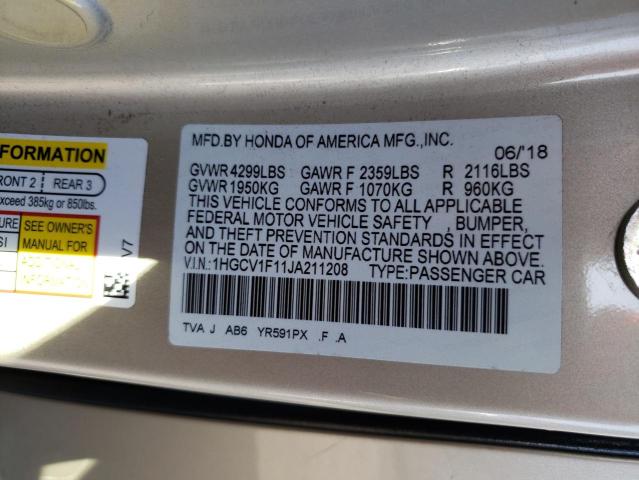 1HGCV1F11JA211208 - 2018 HONDA ACCORD LX BEIGE photo 12