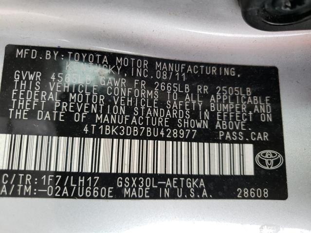 4T1BK3DB7BU428977 - 2011 TOYOTA AVALON BASE SILVER photo 12