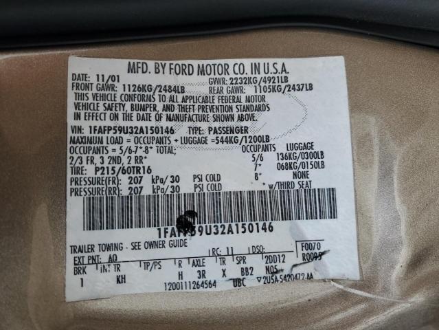 1FAFP59U32A150146 - 2002 FORD TAURUS SEL BEIGE photo 13