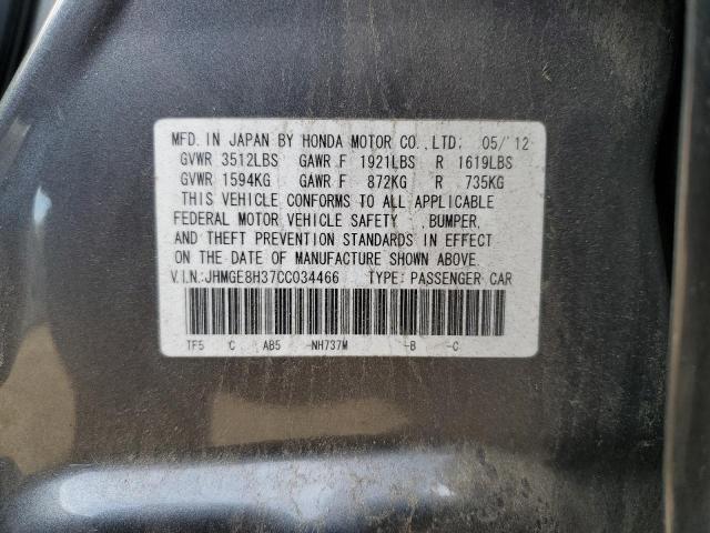 JHMGE8H37CC034466 - 2012 HONDA FIT GRAY photo 12