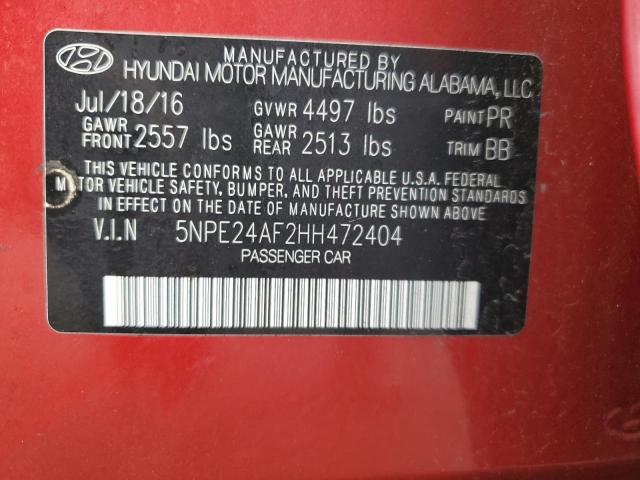 5NPE24AF2HH472404 - 2017 HYUNDAI SONATA SE RED photo 12