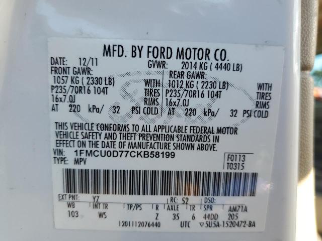 1FMCU0D77CKB58199 - 2012 FORD ESCAPE XLT WHITE photo 12