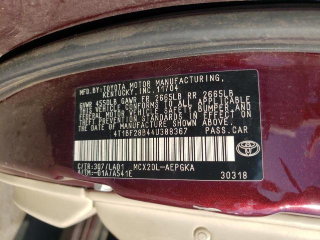 4T1BF28B44U388367 - 2004 TOYOTA AVALON XL MAROON photo 13