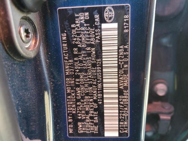 4T1B11HK1JU599126 - 2018 TOYOTA CAMRY L BLUE photo 12