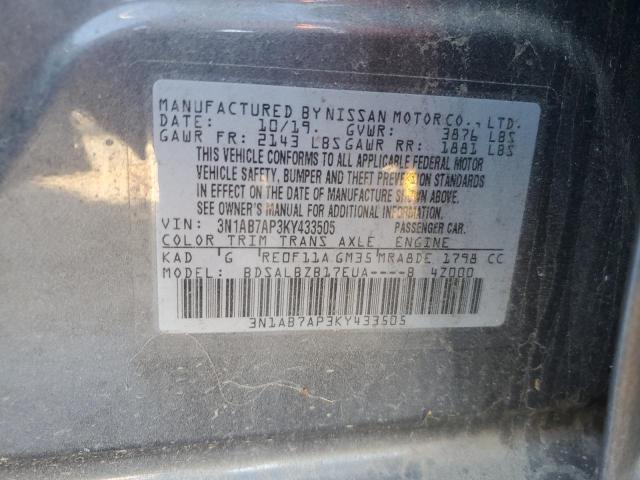 3N1AB7AP3KY433505 - 2019 NISSAN SENTRA S GRAY photo 12