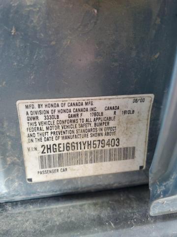 2HGEJ6611YH579403 - 2000 HONDA CIVIC BASE Mavi foto 12